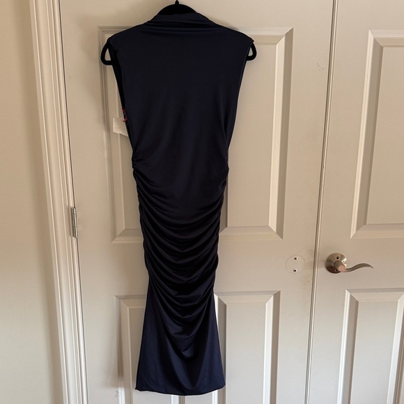 NWT Open Edit Navy Blue Sleeveless Mock Neck Ruched Bodycon Midi Dress XXS - Picture 5 of 5